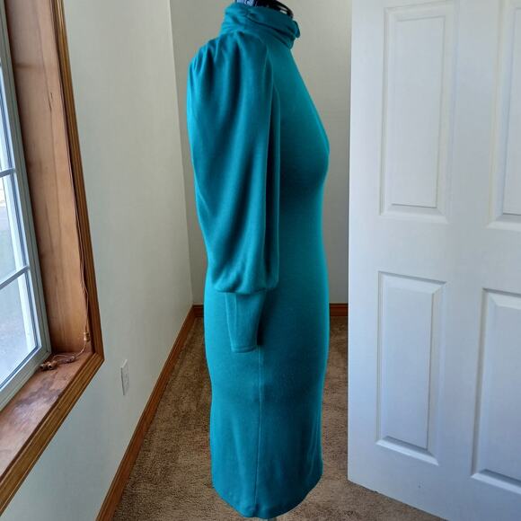 Benson & Smith Vintage 80s Green Maxi Sweater Dress sz 7 shoulder pads mock neck - Picture 4 of 16